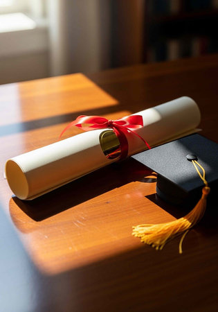 A graduation cap and diploma on a wooden table in a bright room
