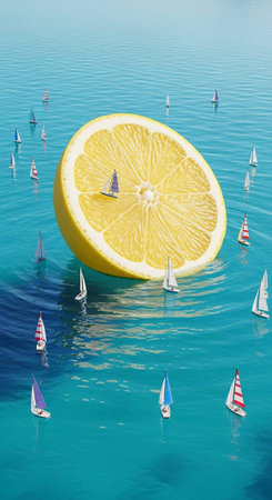 A surreal image of a giant lemon slice floating in calm waters surrounded by tiny sailboats