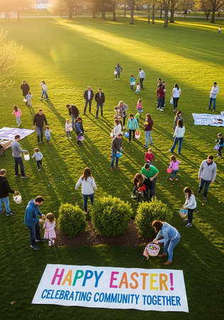 A large group of people gathered in a park for an Easter celebration with a colorful sign