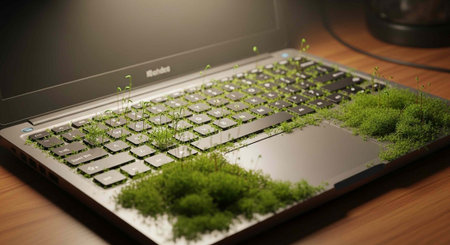 A laptop keyboard overgrown with green moss on a wooden desk in a dark room