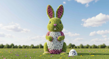 A large floral bunny statue stands in a green field with a blue sky and white clouds