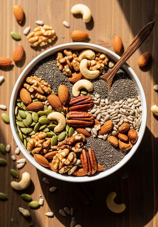 A bowl of assorted nuts and seeds on a wooden table, including almonds, cashews, and pumpkin seeds.