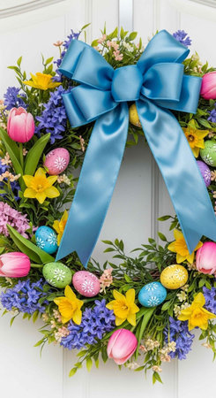A colorful Easter wreath adorned with flowers, eggs, and a blue ribbon on a white door