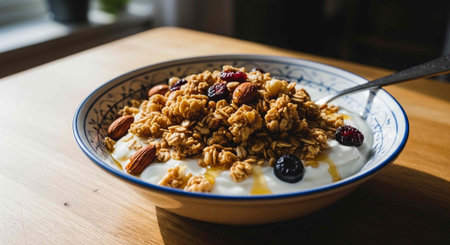A bowl of yogurt topped with granola, nuts, and dried fruit on a wooden table