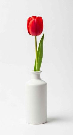 A single red tulip in a white vase on a plain backgroundの写真素材