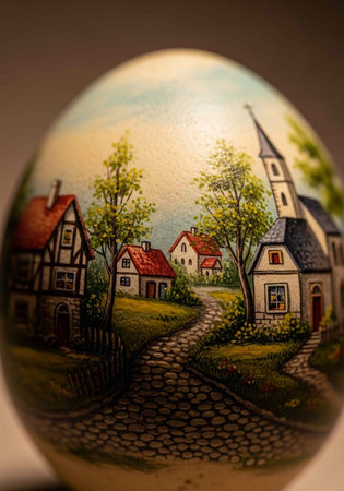 A beautifully painted Easter egg featuring a quaint village scene with houses and a church.の写真素材