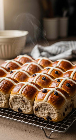 A batch of freshly baked hot cross buns on a wire rack in a kitchen