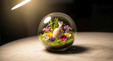 A beautiful Easter-themed terrarium with a rabbit and flowers in a glass globe on a marble table