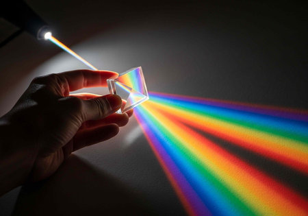 A hand holding a glass prism refracting a beam of light into a rainbow of colors in a dark room.の写真素材