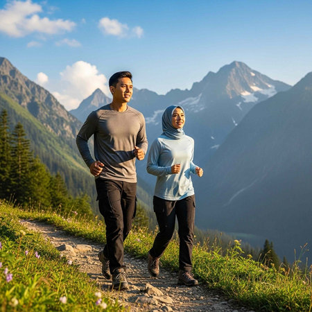 A man and woman jogging together on a mountain trail with a stunning view of the mountains in the...