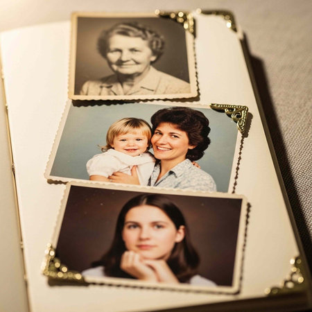 A collection of vintage family photos in a white album with gold accentsの写真素材