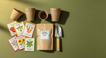 A collection of gardening tools and supplies on a green background