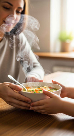 A woman serving a bowl of steaming hot soup to a child in a cozy kitchen setting.の写真素材