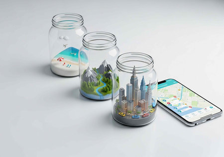 A creative representation of travel destinations in miniature jars next to a smartphone with a map.の写真素材