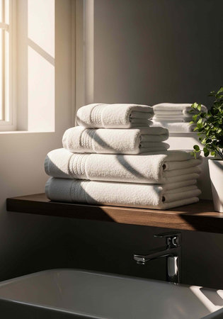 A stack of neatly folded white towels on a wooden shelf in a modern bathroom with natural light