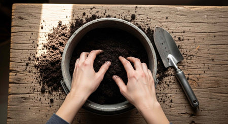 A person preparing soil for planting in a gray pot on a wooden table with a trowel.