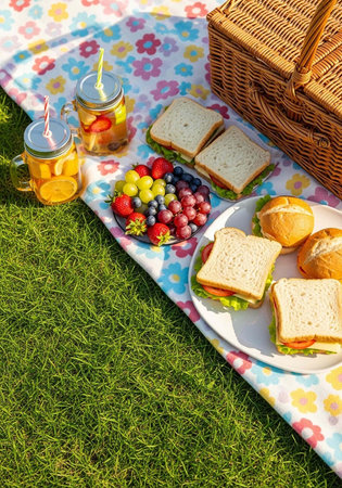 A colorful picnic setup on a floral blanket with sandwiches, fruits, and drinks on a sunny dayの写真素材