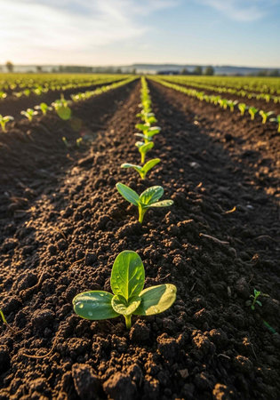 A vast agricultural field with rows of young green plants growing in the soil under a clear blue sky.の写真素材