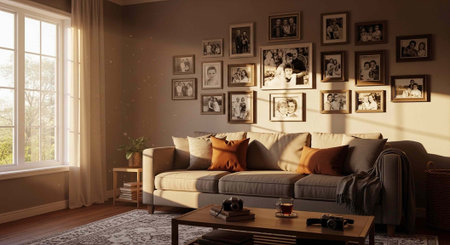 A cozy living room with a comfortable couch and a collection of framed photos on the wallの写真素材
