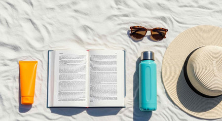 A collection of summer essentials laid out on a sandy beach including a book and sunglassesの写真素材