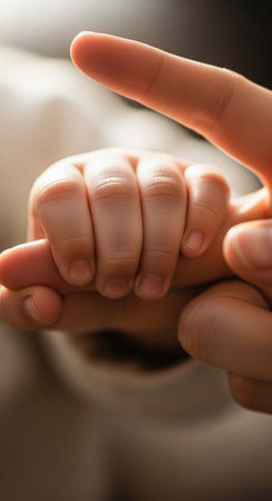 A tender moment between a parent and their newborn baby, with a focus on the tiny hand and finger.の写真素材