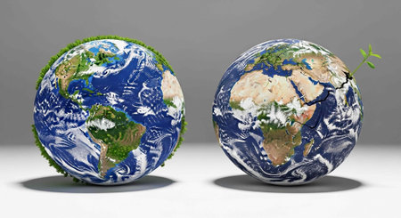 Two globes representing Earth, one healthy and thriving with greenery, the other barren and lifeless, symbolizing environmental contrast.の写真素材