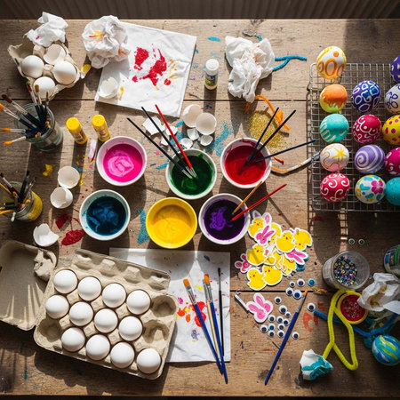 A wooden table with various art supplies and decorated Easter eggs for a fun holiday activityの写真素材