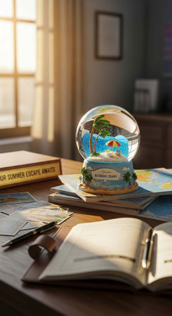 A snow globe on a desk with travel brochures and a notebook, evoking a sense of wanderlust and...
