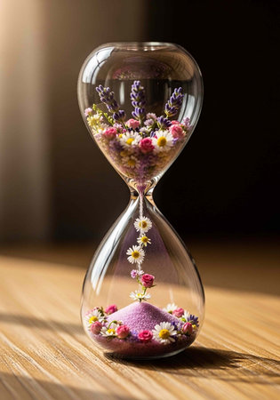 A beautiful hourglass with colorful flowers and purple sand on a wooden table