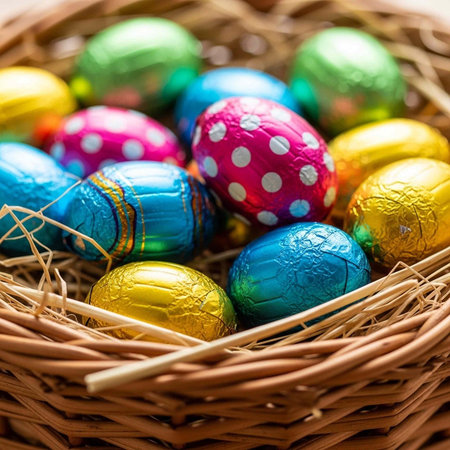 A wicker basket filled with colorful foil-wrapped Easter eggs
