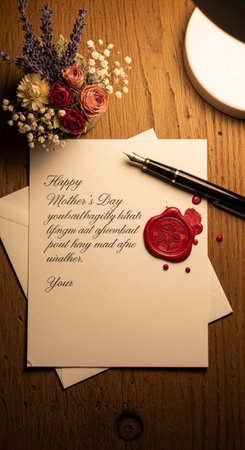 A romantic Mother's Day card with flowers and a pen on a wooden table