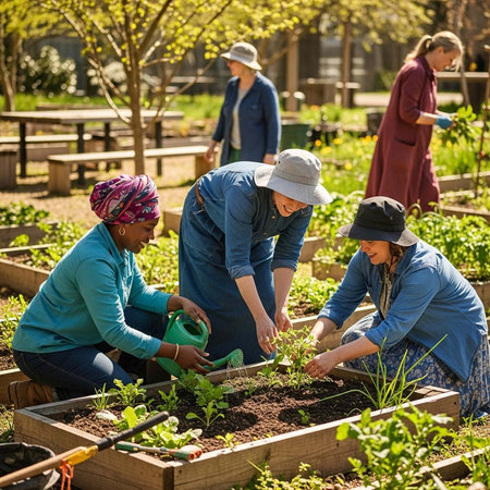A group of diverse women gardening together in a community garden on a sunny day