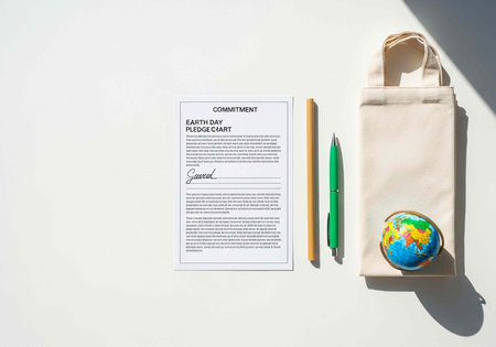 A commitment to Earth Day pledge card with eco-friendly items on a white background
