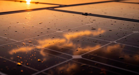 A close-up view of solar panels with water droplets reflecting a vibrant orange sunset in the...