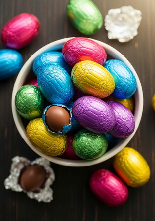 A bowl of colorful chocolate Easter eggs on a dark wooden table with some unwrappedの写真素材