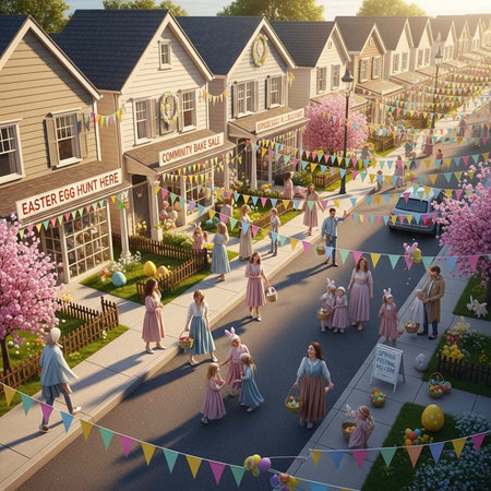 A vibrant Easter celebration in a quaint suburban neighborhood with people and colorful decorations