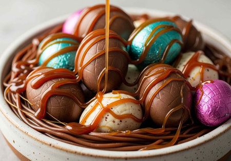 A bowl of colorful Easter eggs with chocolate drizzle and caramel sauce
