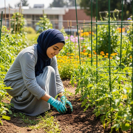 Young muslim woman planting tomato seedlings in the vegetable garden.