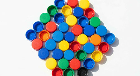 A colorful arrangement of plastic bottle caps forming an arrow shape on a white background