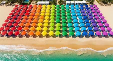Aerial view of a vibrant beach with rows of colorful umbrellas and turquoise ocean waves.の写真素材