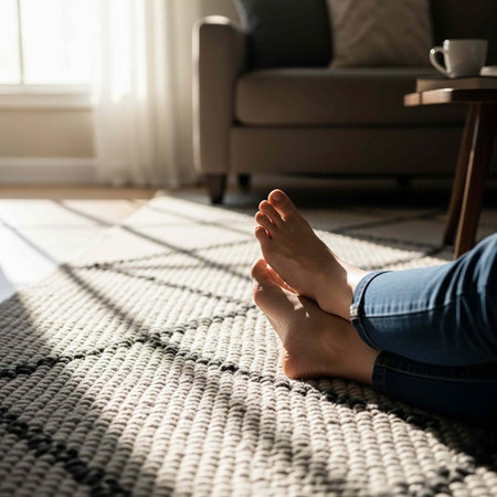 A person relaxing on a woven rug in a cozy living room with a brown couch and coffee table