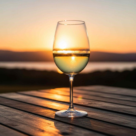 A glass of white wine on a wooden table overlooking a serene lake at sunset