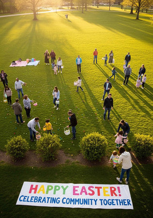 A group of people celebrating Easter together in a park with a Happy Easter banner