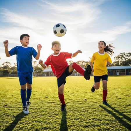 Three children playing soccer on a green field on a sunny dayの写真素材