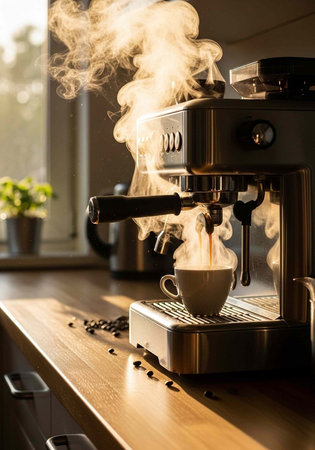 A steam espresso machine on a wooden kitchen countertop with a cup of coffee being made in a cozy morning setting.の写真素材
