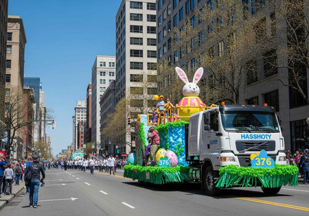 A colorful Easter parade float with a giant bunny on a truck driving down a city street