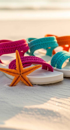 Colorful crochet sandals with a starfish on the beach at sunsetの写真素材