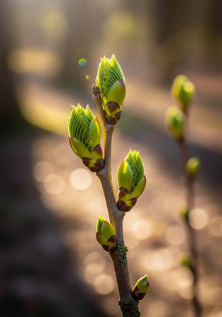 A close-up of a tree branch with green buds in a natural outdoor setting during springtimeの写真素材