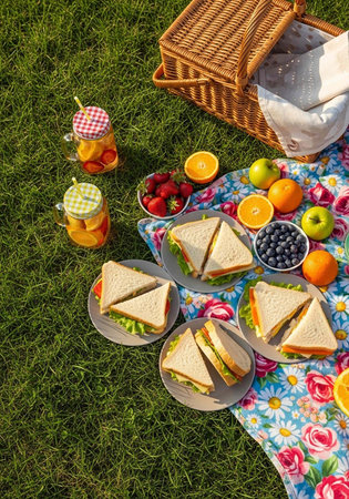 A colorful picnic spread on a floral blanket in a lush green grassy area with sandwiches, fruits, and drinksの写真素材
