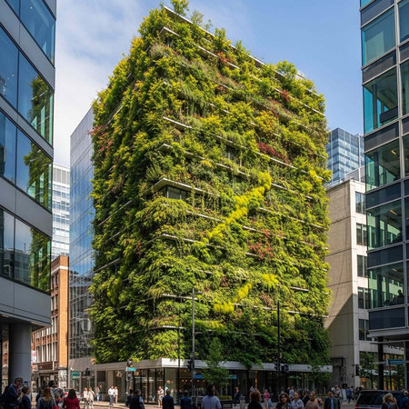 A large green building covered in lush vegetation stands in the middle of a bustling city surrounded...